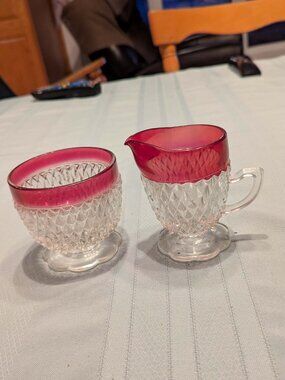 Vintage cranberry diamond point sugar and creamer